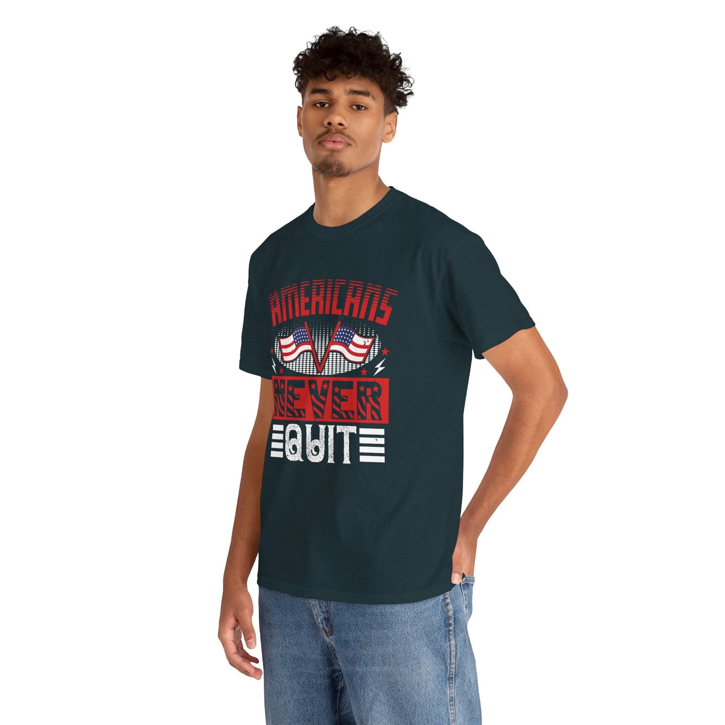 Bold American Pride Tee - 'Americans Never Quit' Graphic Shirt, Patriotic Apparel, Unisex Cotton Tee, Gift for Veterans, Independence - 13814