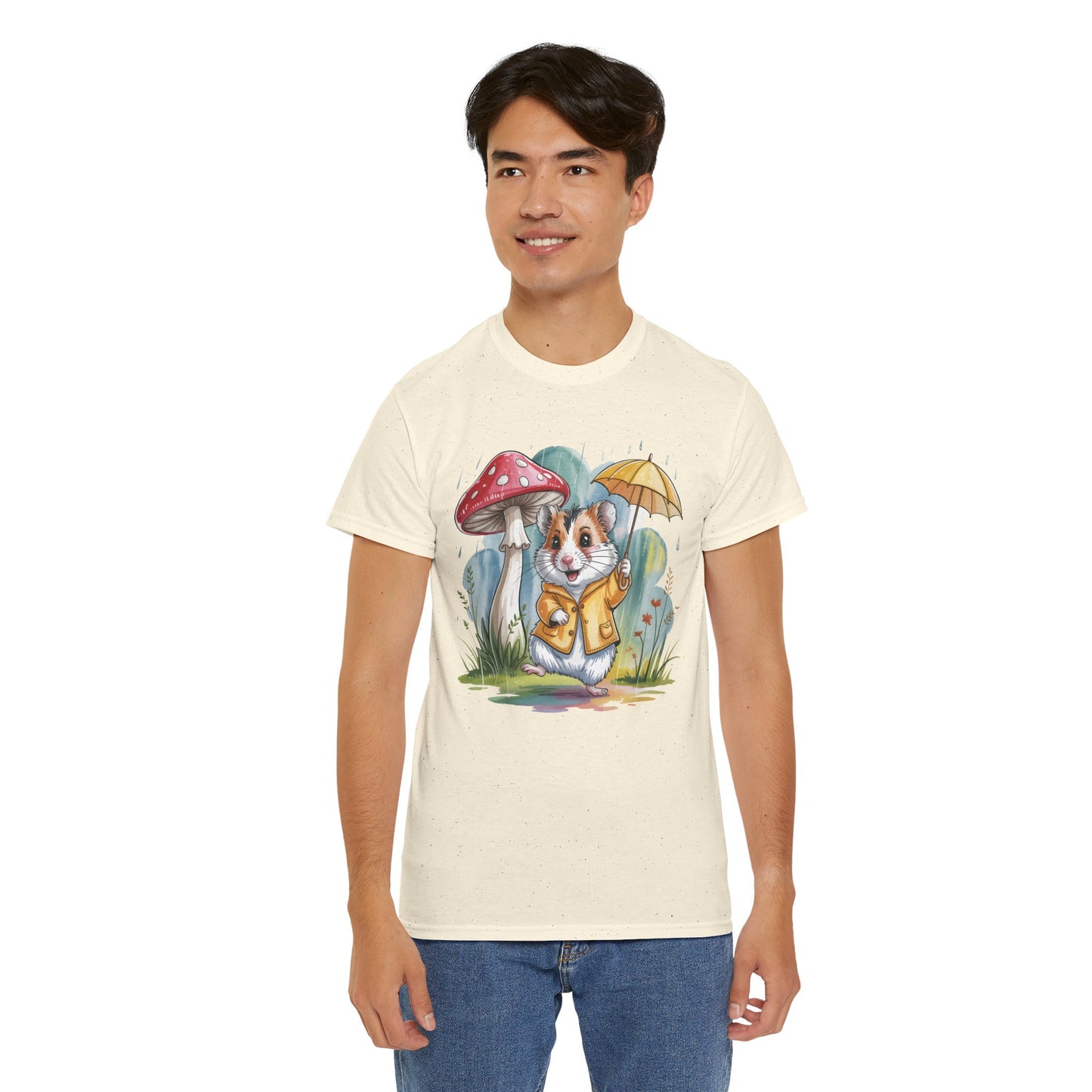 Cute Hamster T-Shirt – Raincoat Umbrella Animal Tee Watercolor Mushroom Gift - 14853