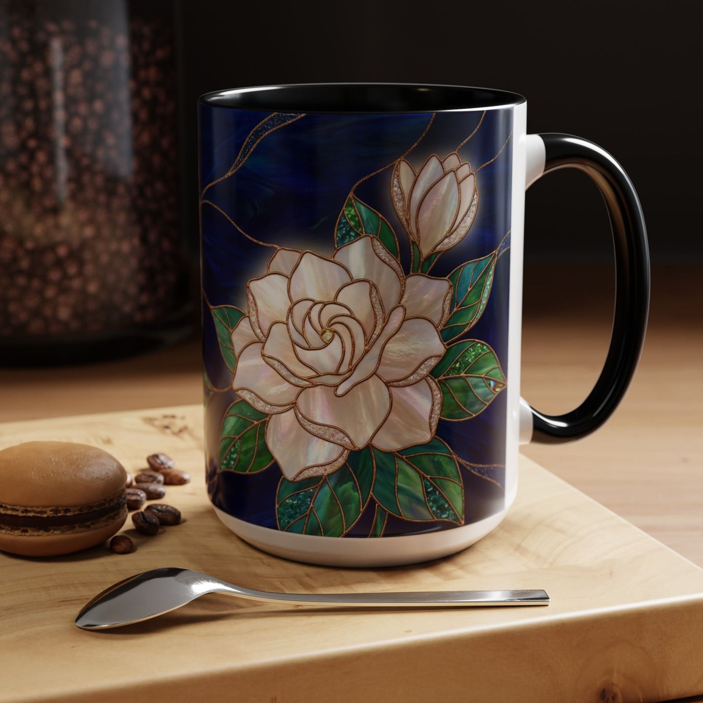 Gardenia Floral Accent Coffee Mug  - Stained-Glass Design (11/15oz) - 14567