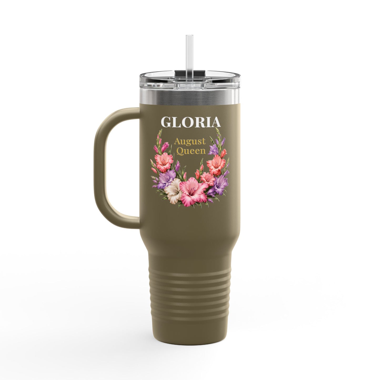 Personalized August Queen 40oz Insulated Travel Mug – Custom Name Floral Birthday Tumbler - 14917