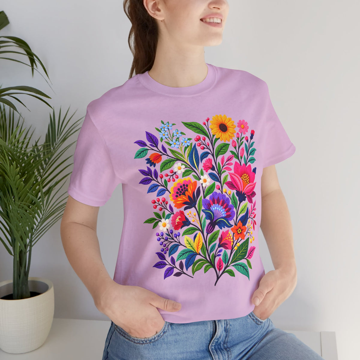 Bright Folk Art Floral T-Shirt, Colorful Flower Bouquet Tee - 14513