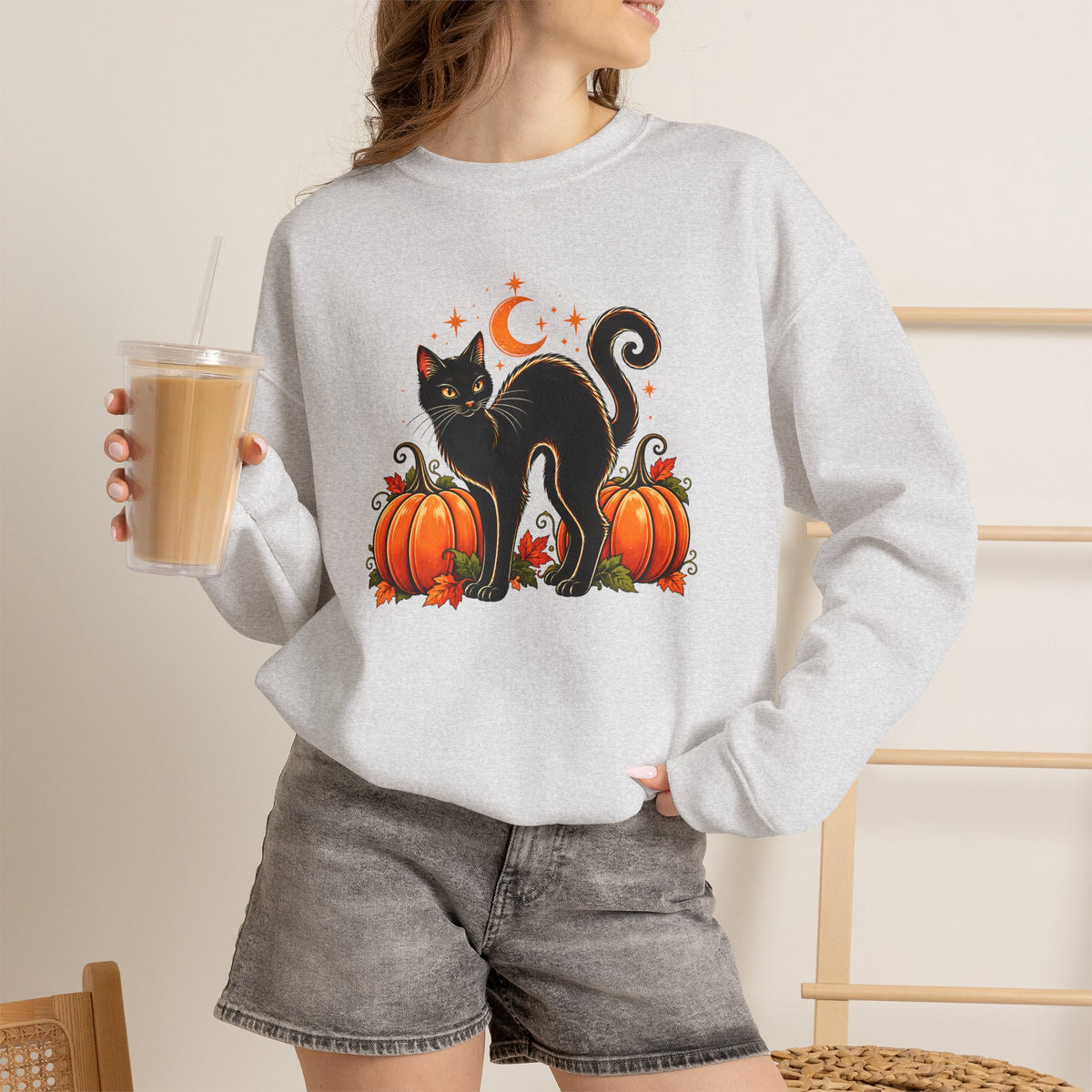 Halloween Black Cat & Pumpkins Sweatshirt, Vintage Autumn Crewneck - 14521