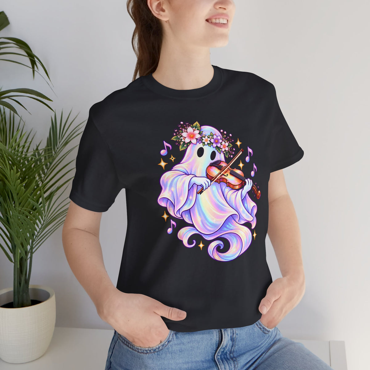 Ghost Violin T-Shirt, Cute Pastel Floral Music Lover Tee - 14528
