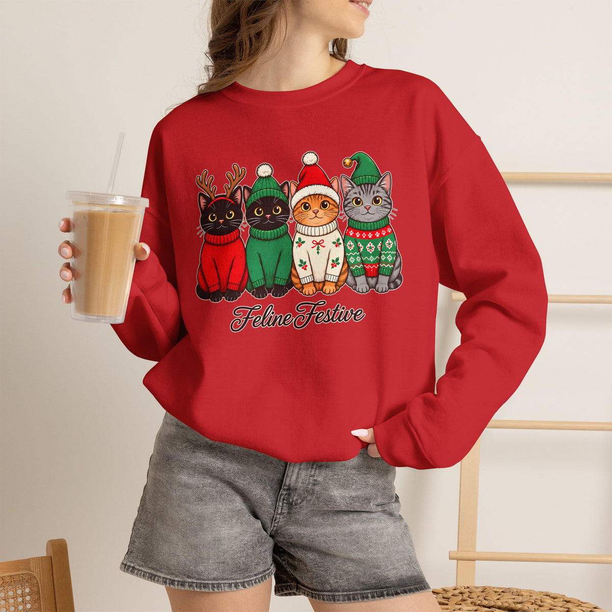 Feline Festive Sweatshirt, Cute Christmas Cats Crewneck - 14564