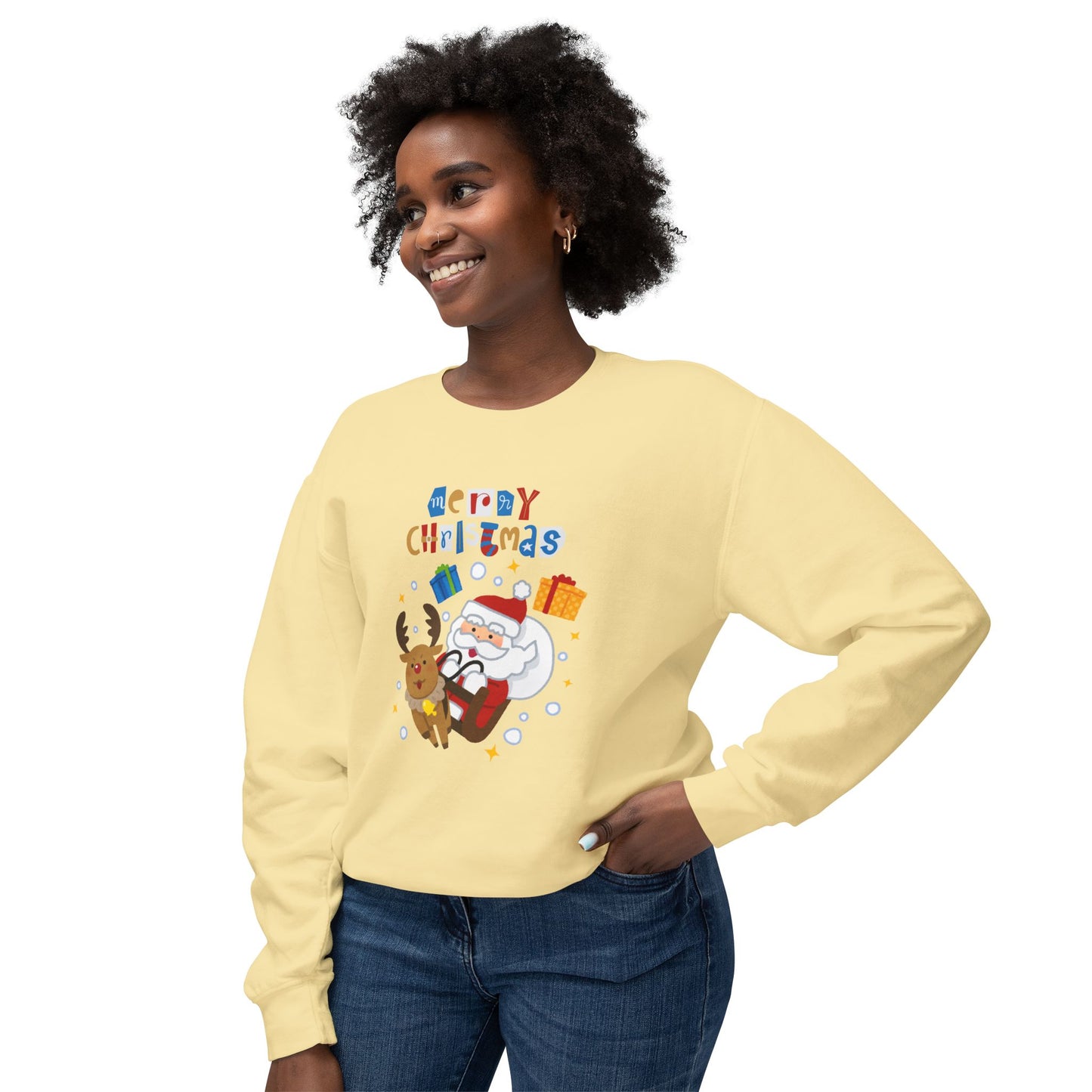Merry Christmas, Santa & Reindeer - Unisex Lightweight Crewneck Sweatshirt - 10470
