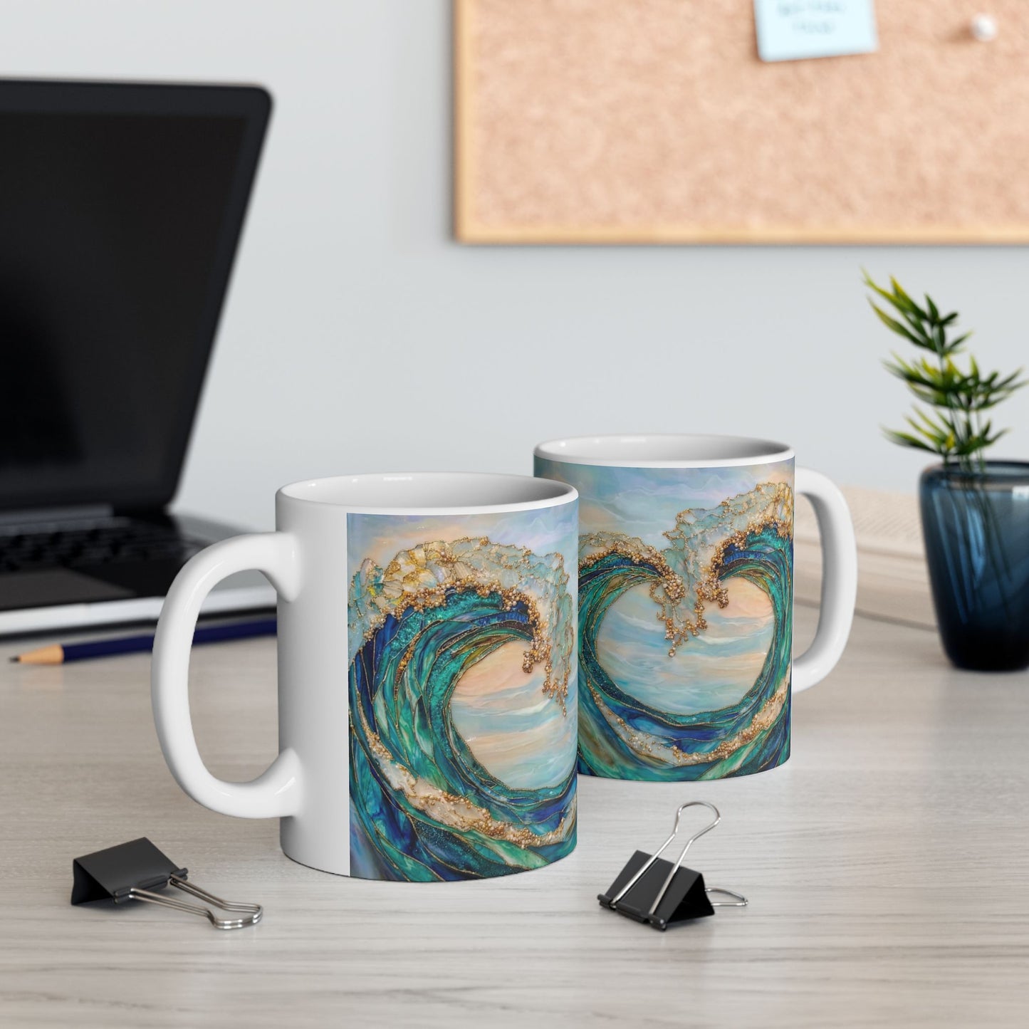Ocean Wave Ceramic Mug — Teal & Gold Coastal Art Coffee Cup (11oz, 15oz) - 14522