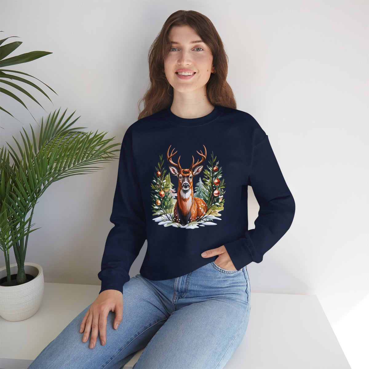 Christmas Deer Sweatshirt, Vintage Woodland Holiday Crewneck - 14562