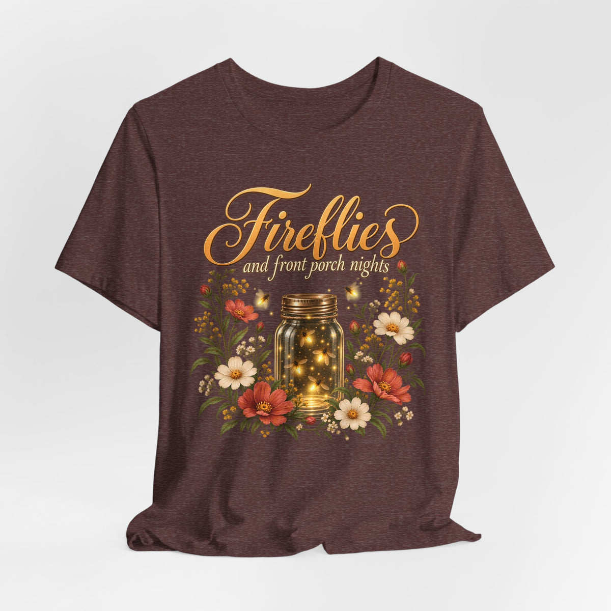 Fireflies and Front Porch Nights T-Shirt, Vintage Floral Mason Jar Tee - 14567