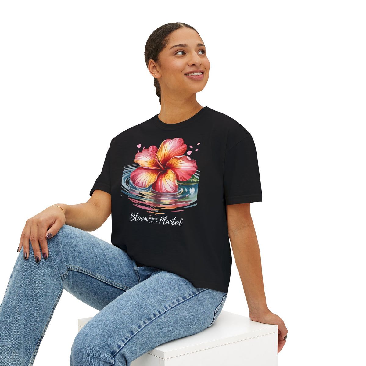 Bloom Where You’re Planted Hibiscus Boxy Tee, Tropical Floral T-Shirt - 14924