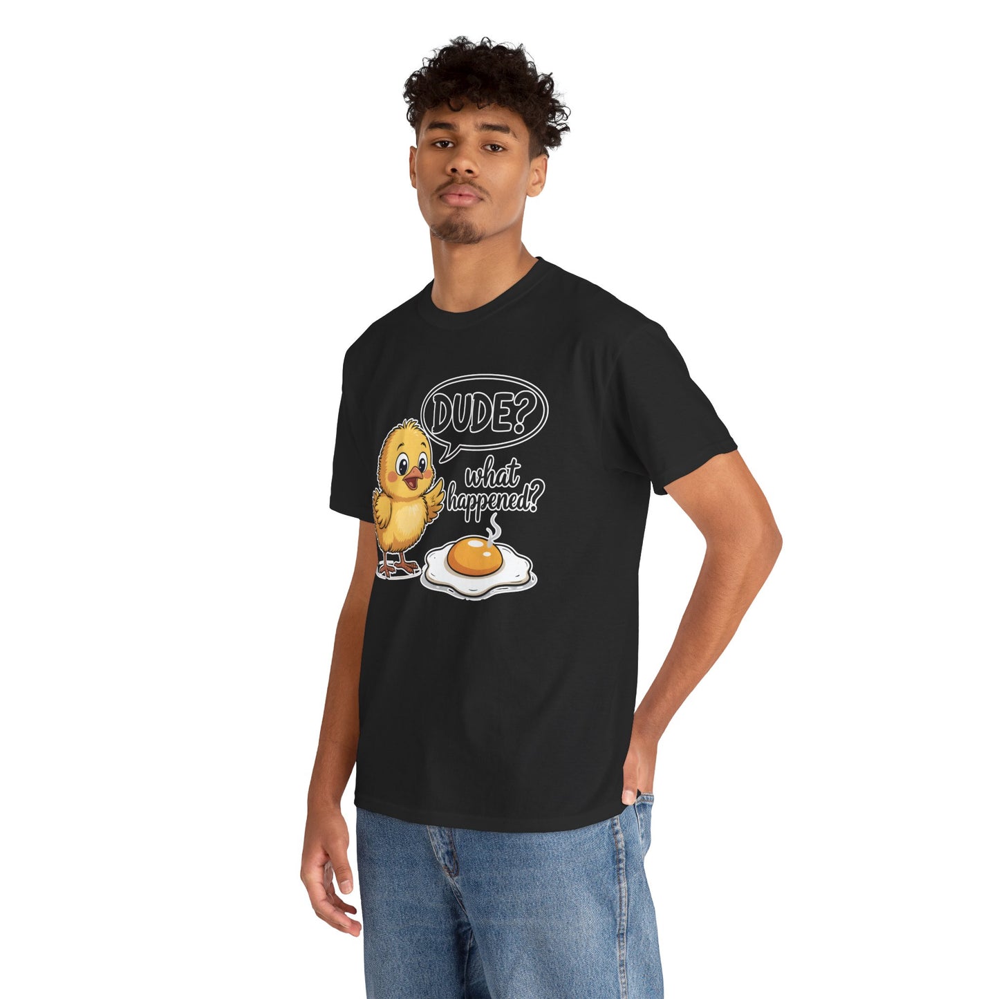 Funny Chicken T-Shirt – “Dude? What Happened?” Cute Chick & Egg Humor Tee Gift - 14849