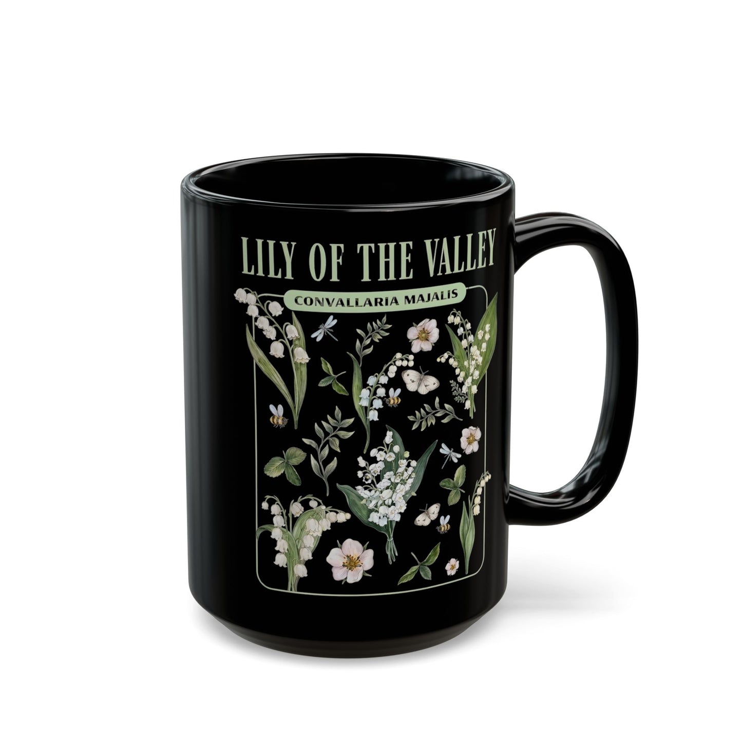 May Birth Flower Mug – Lily of the Valley Black Ceramic Coffee Cup (11oz, 15oz) - 11887
