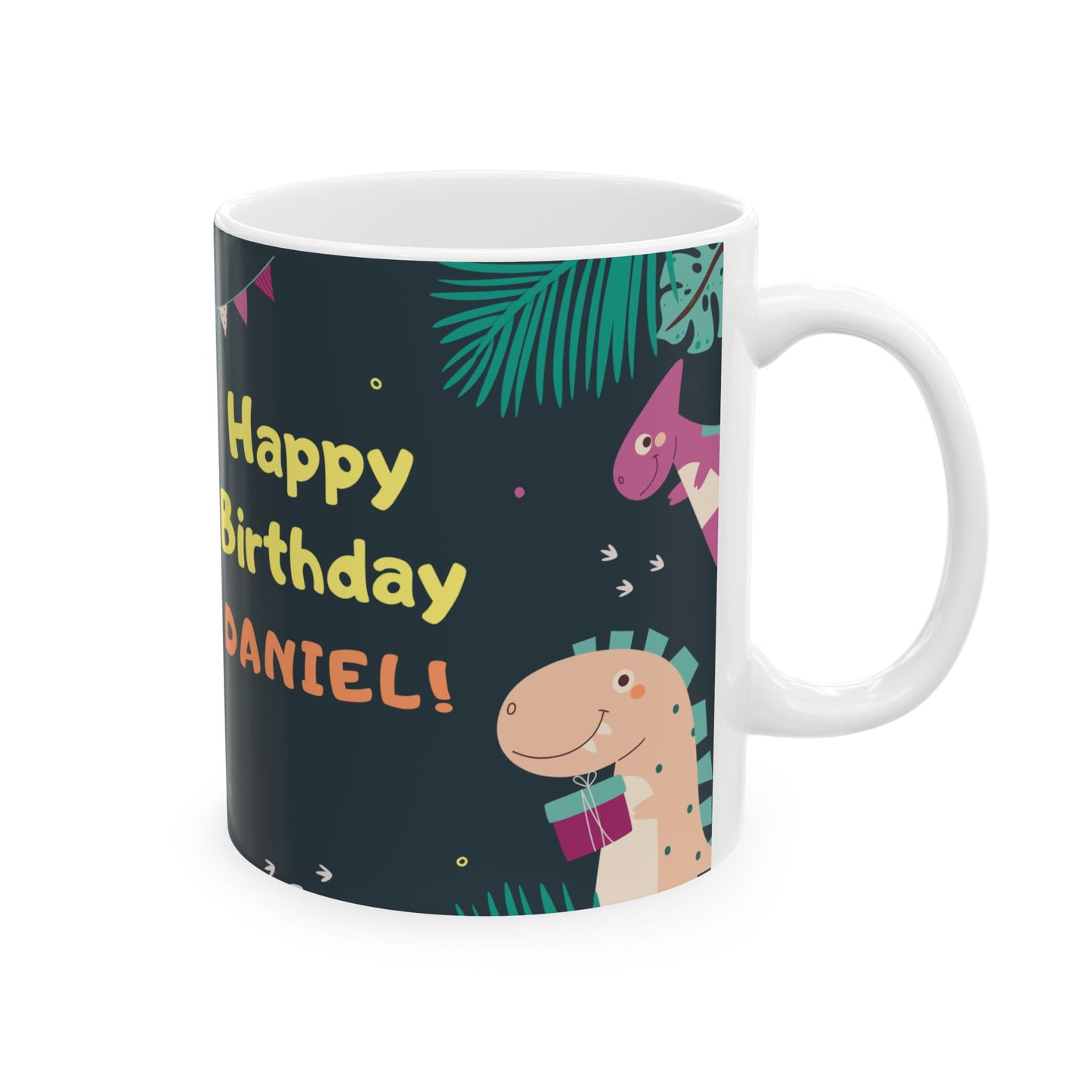 Happy Birthday, Dinosaur Lover, Photo & Name Customizable - Ceramic Mug, (11oz, 15oz) - 11238