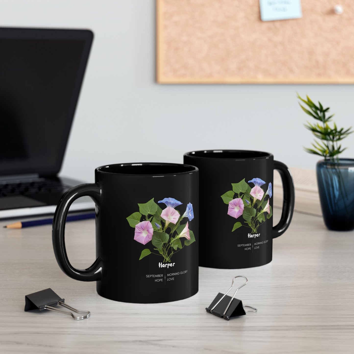 The Happy Birthday: September Born, Morning Glory Flower, Customizable - Black Mug (11oz, 15oz)