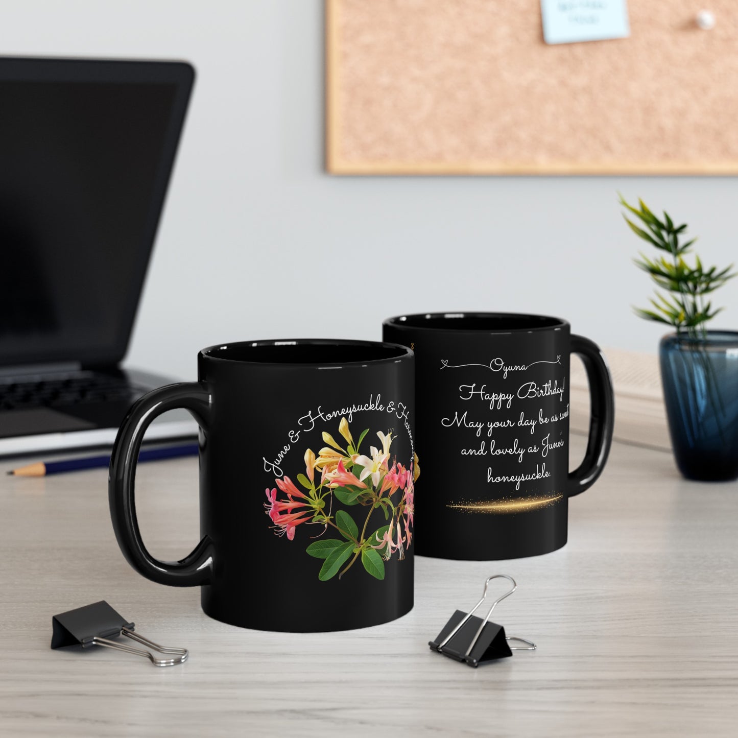 Happy Birthday, June, Honeysuckle, Customized Ceramic Black Mug (11oz, 15oz)