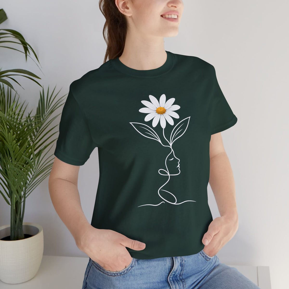 Daisy Woman Face T-Shirt, Minimalist Floral Line Art Tee - 14522