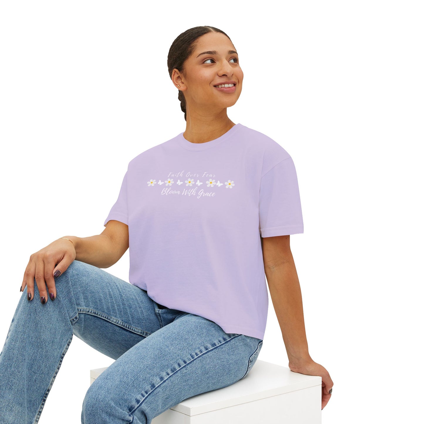 Faith Over Fear Floral Boxy Tee, “Bloom With Grace” Christian Crop Shirt - 14950