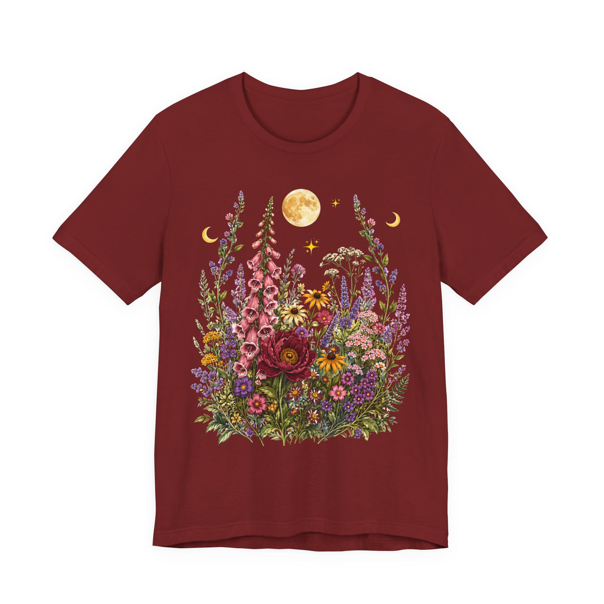 Floral Moon Garden T-Shirt, Vintage Wildflower & Celestial Graphic Tee - 14961