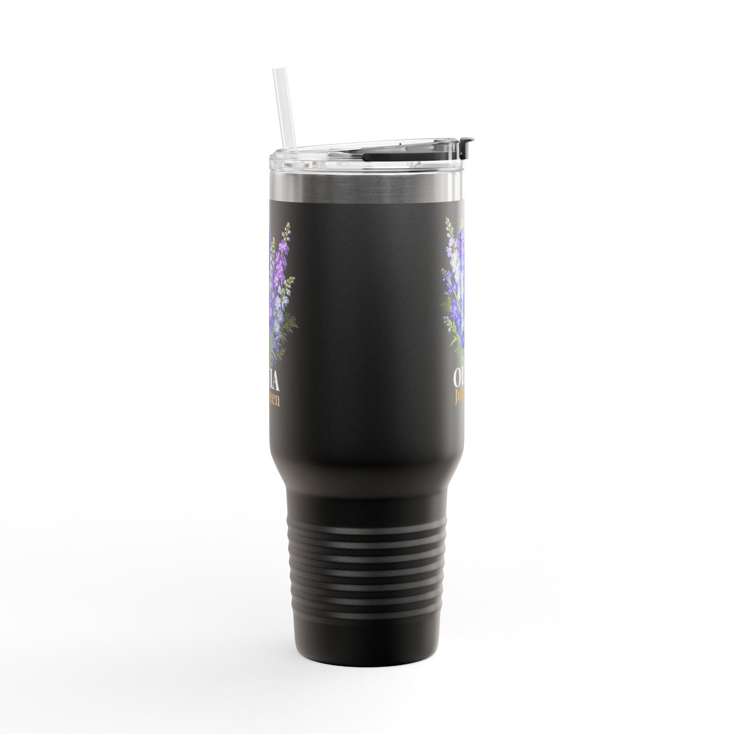 Personalized July Queen 40oz Travel Mug – Custom Name Larkspur Birth Flower Tumbler, Insulated July Birthday Gift for Her - 14908