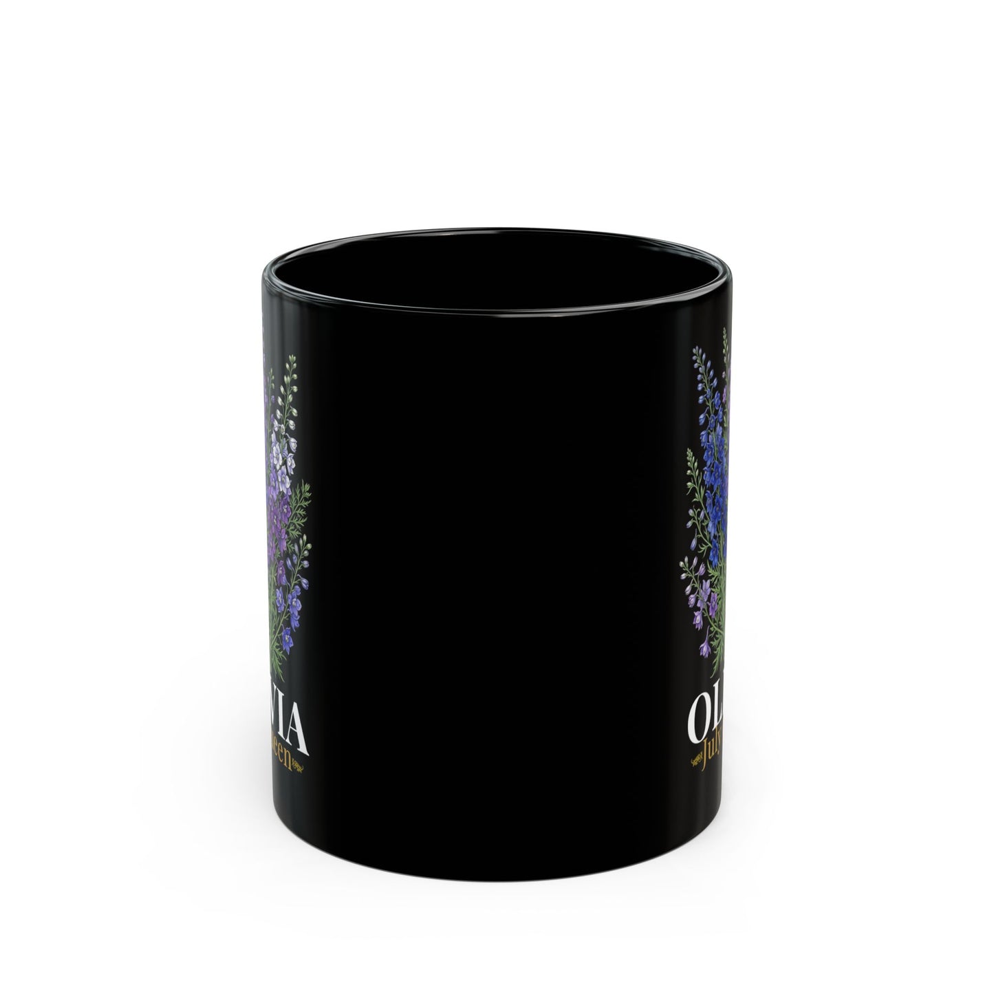 Personalized July Birth Flower Mug – Custom Name Larkspur Floral Coffee Cup, July Queen Gift for Her, Black Mug 11oz 15oz - 14905