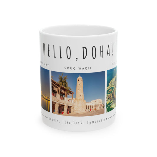 Hello Doha! Ceramic Travel Mug - 11oz & 15oz | Souq Waqif Art Design - 12108