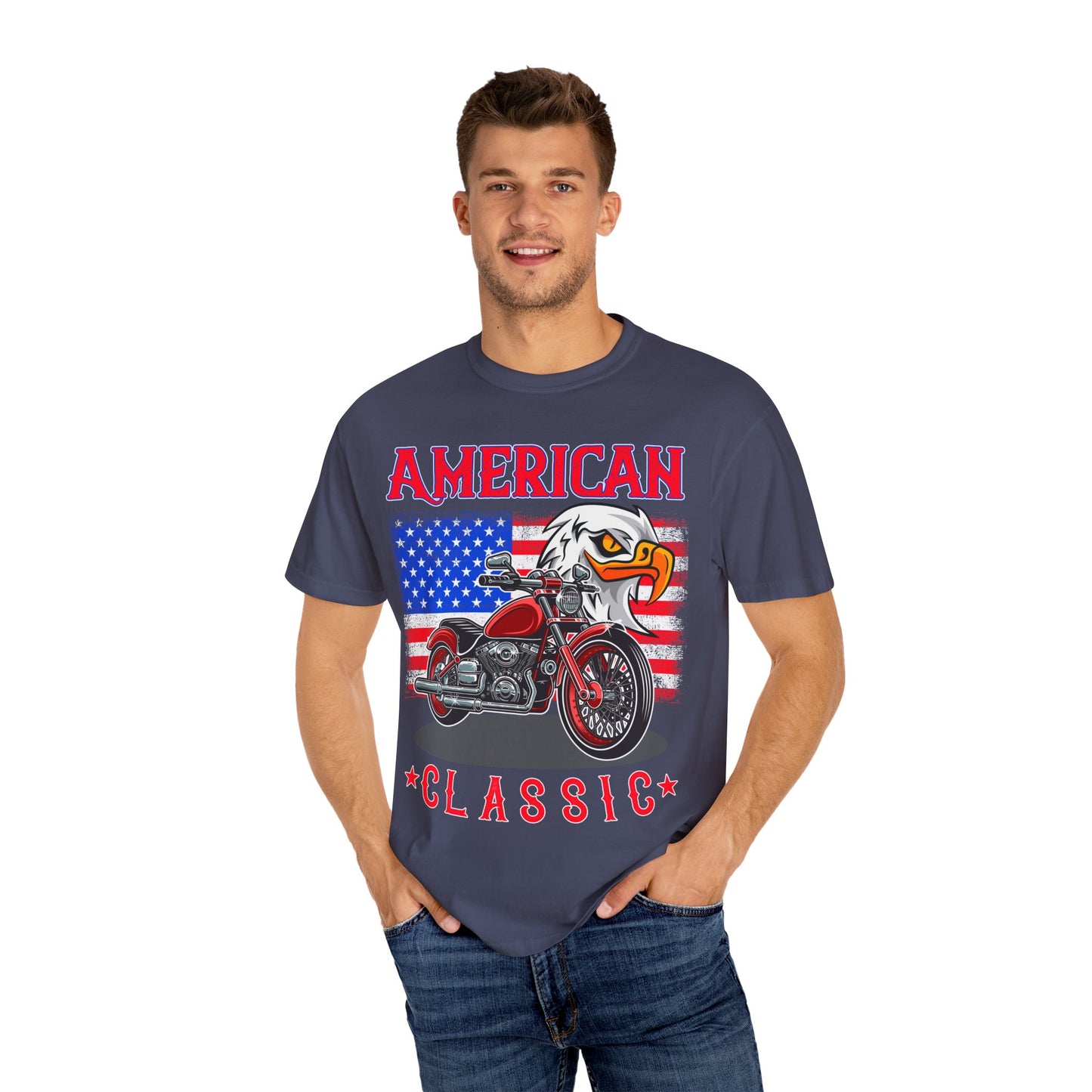 American Classic Tee, Unisex Garment-Dyed T-shirt, Biker Gift, Patriotic Apparel, Rider and Eagle Fashion, Vintage Style - 13658