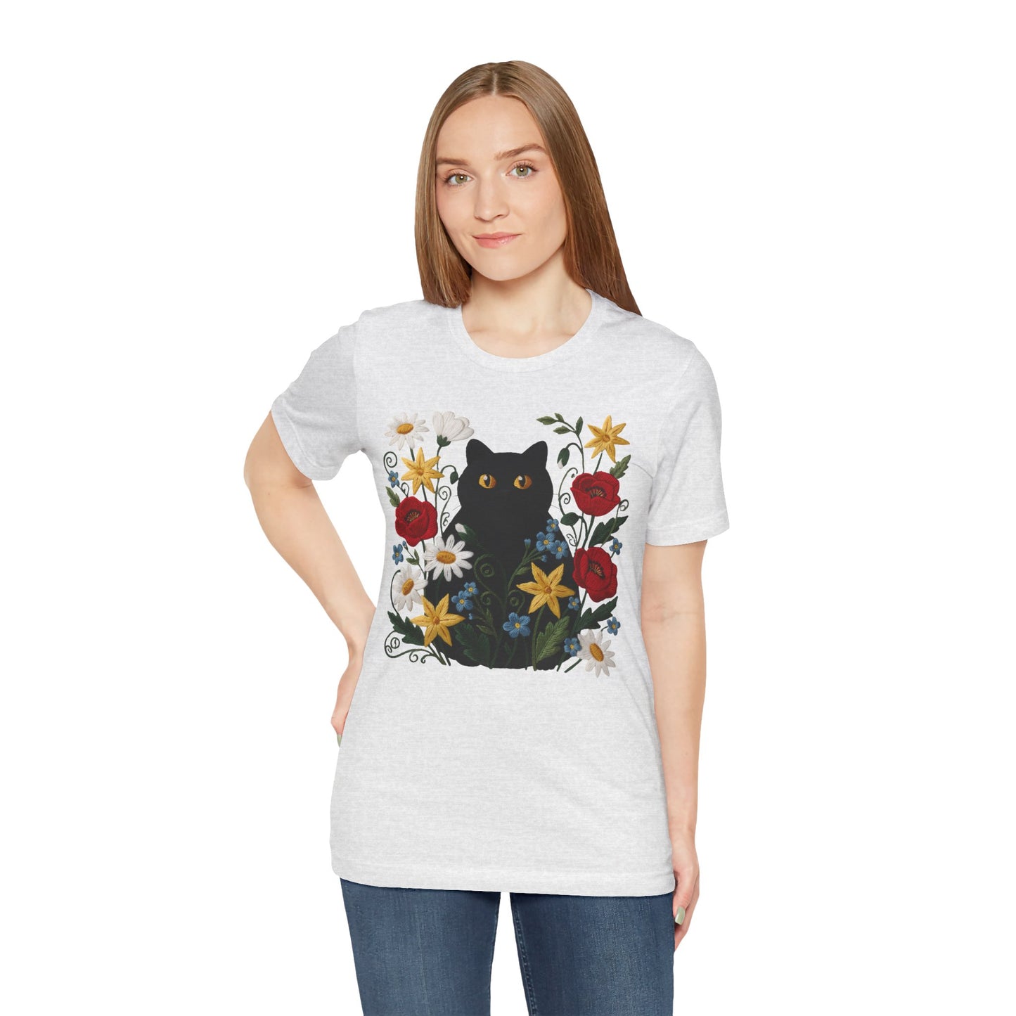 Black Cat in Wildflowers T-Shirt — Floral Cat Tee for Cat Lovers - 14921