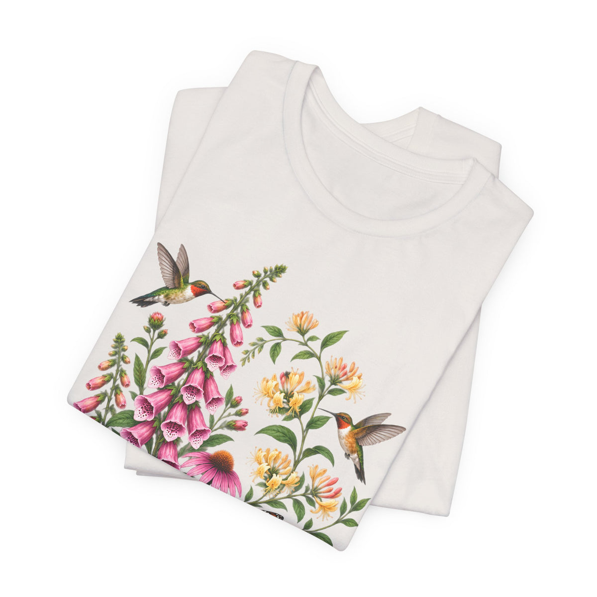 Floral Hummingbird Garden T-Shirt, Wildflower & Butterfly Botanical Tee - 14547