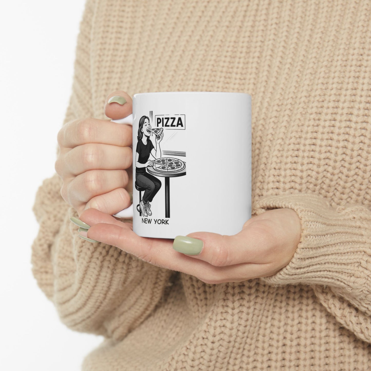 "In New York, we don’t count calories—we count how many slices of pizza we can eat before feeling guilty." Ceramic Mug, (11oz, 15oz) - 12850