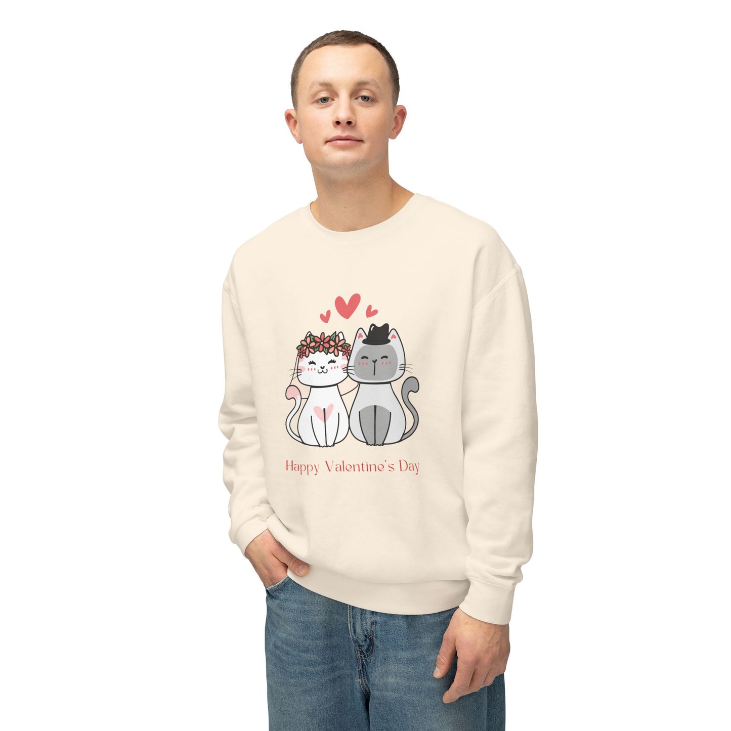 Two Cats, Happy Valentine's Day - Unisex Lightweight Crewneck Sweatshirt - 11387