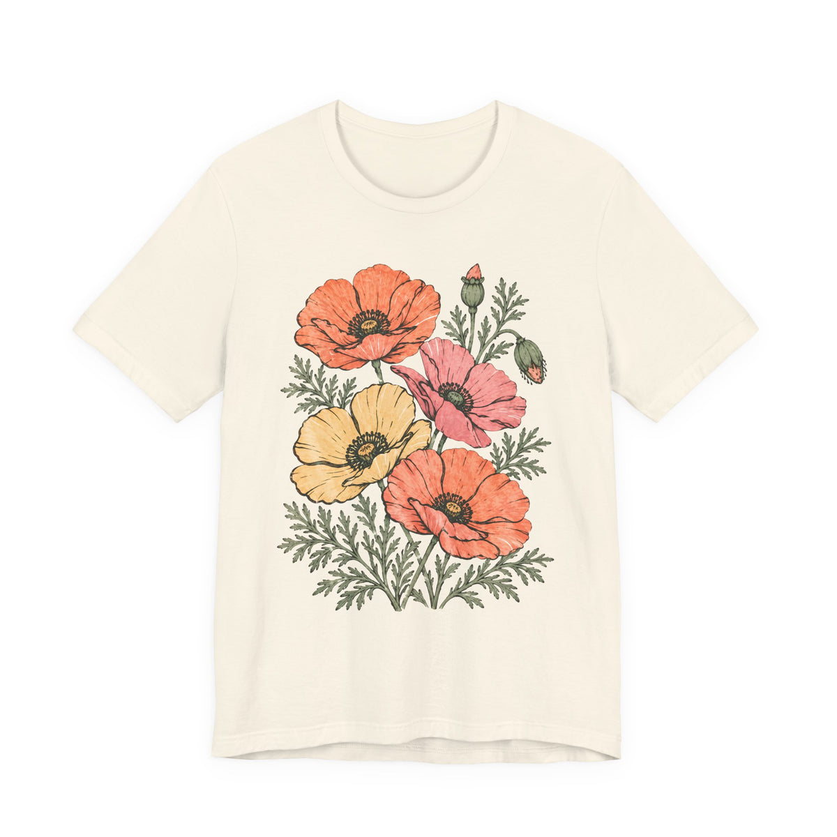 Floral Poppies T-Shirt, Vintage Wildflower Graphic Tee - 14988