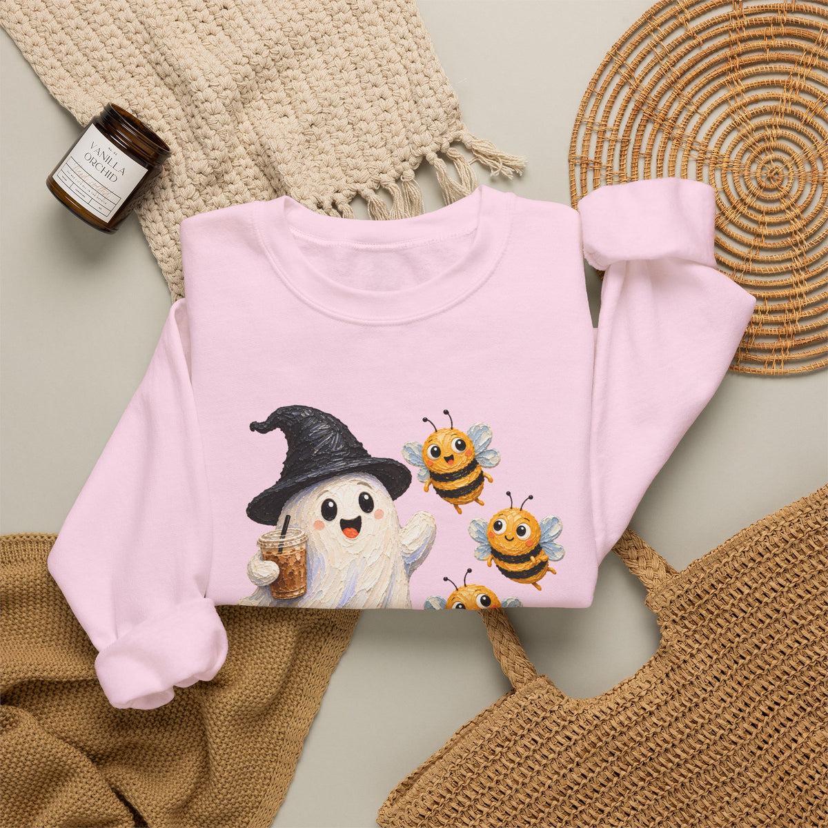 Cute Halloween Ghost & Bees Sweatshirt, Whimsical Witch Hat Crewneck - 14538