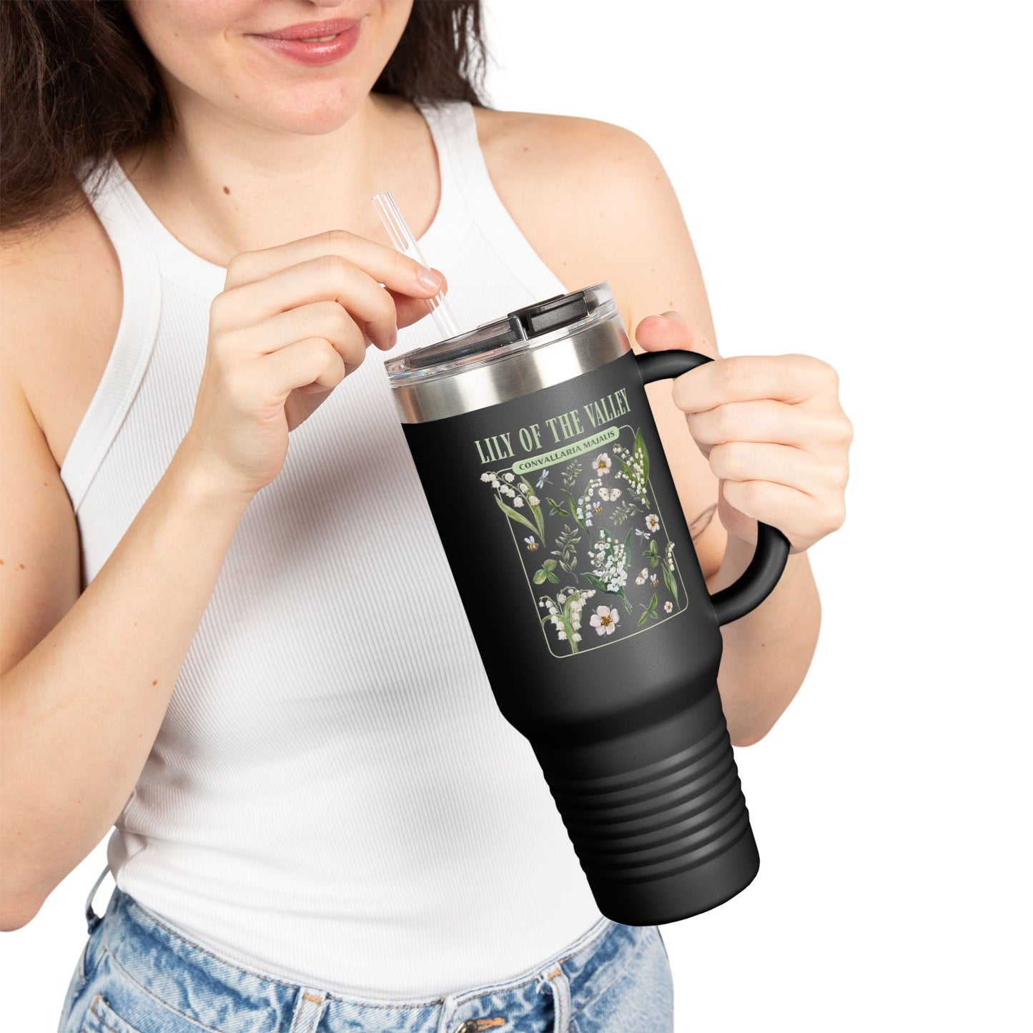 Lily of the Valley 40oz Insulated Travel Mug – Botanical Floral Tumbler with Handle & Straw - 14889