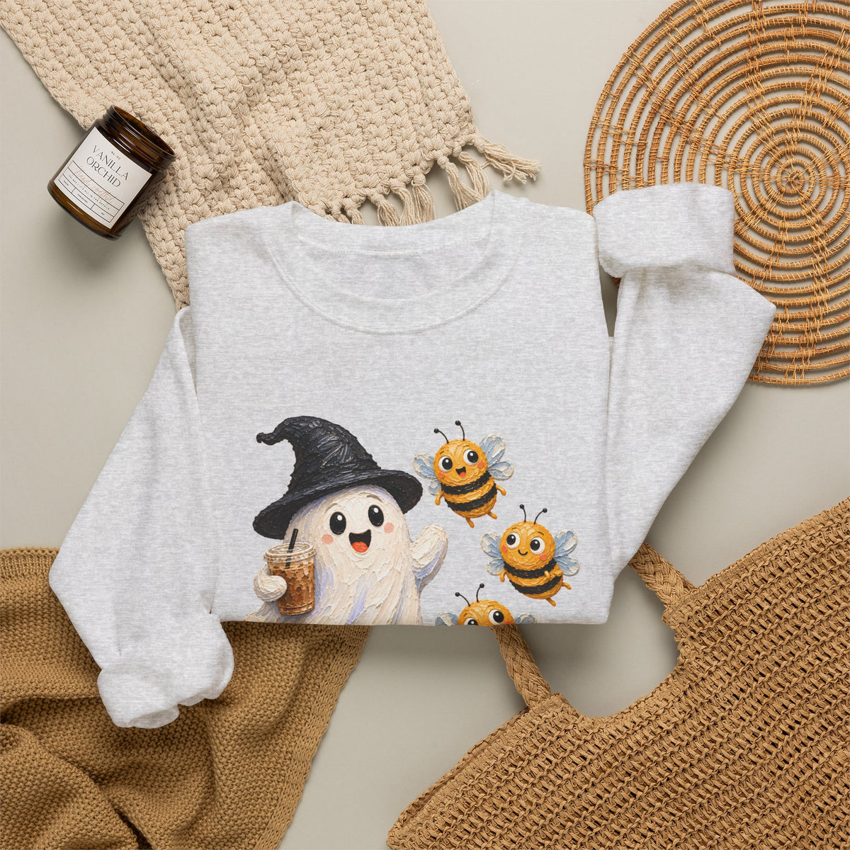 Cute Halloween Ghost & Bees Sweatshirt, Whimsical Witch Hat Crewneck - 14538