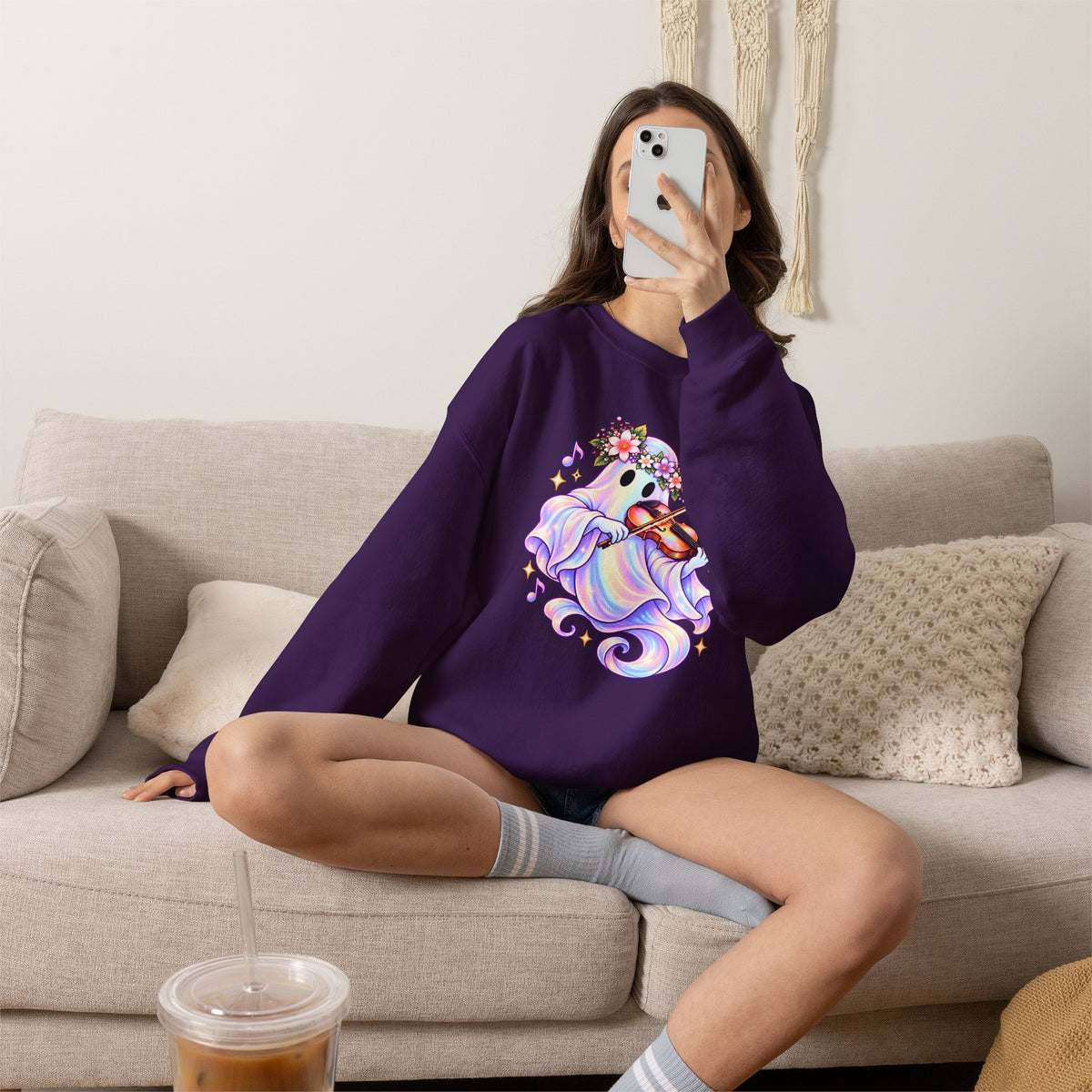 Ghost Violin Sweatshirt — Cute Floral Music Lover Crewneck - 14527