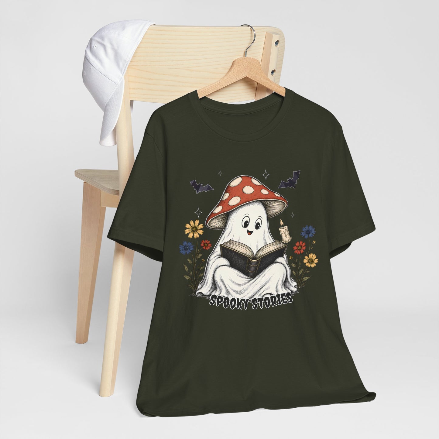 Spooky Stories Ghost T-Shirt, Cute Mushroom Ghost Reading Shirt for Halloween - 14970