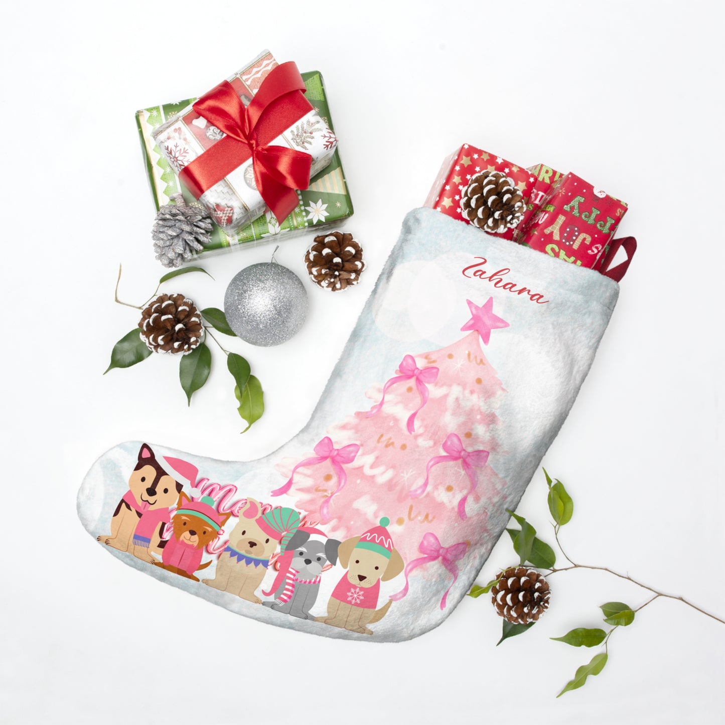 Zahara, Pink Tree & Puppies, Customizable - Christmas Stockings - 10320