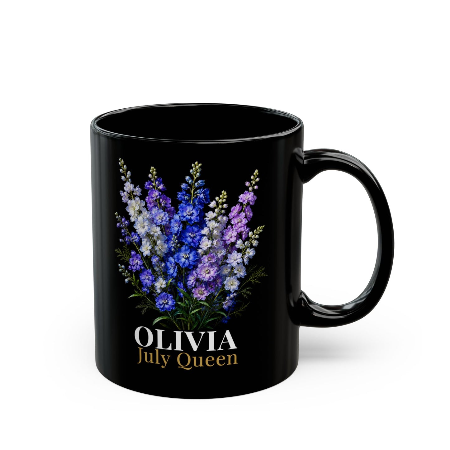 Personalized July Birth Flower Mug – Custom Name Larkspur Floral Coffee Cup, July Queen Gift for Her, Black Mug 11oz 15oz - 14907