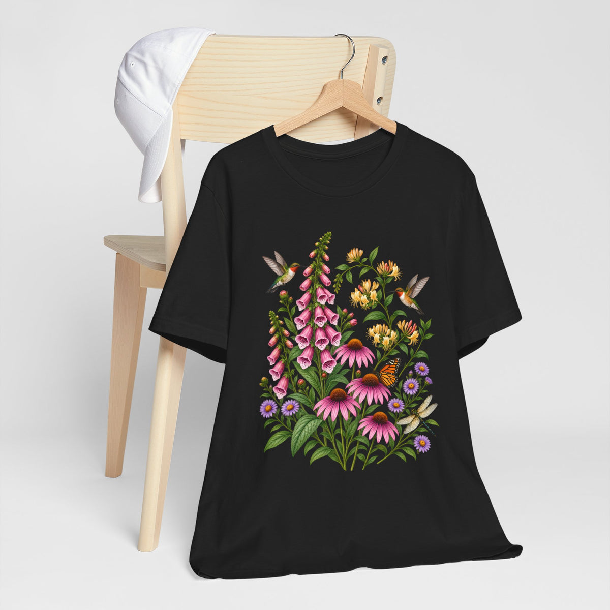 Floral Hummingbird Garden T-Shirt, Wildflower & Butterfly Botanical Tee - 14547