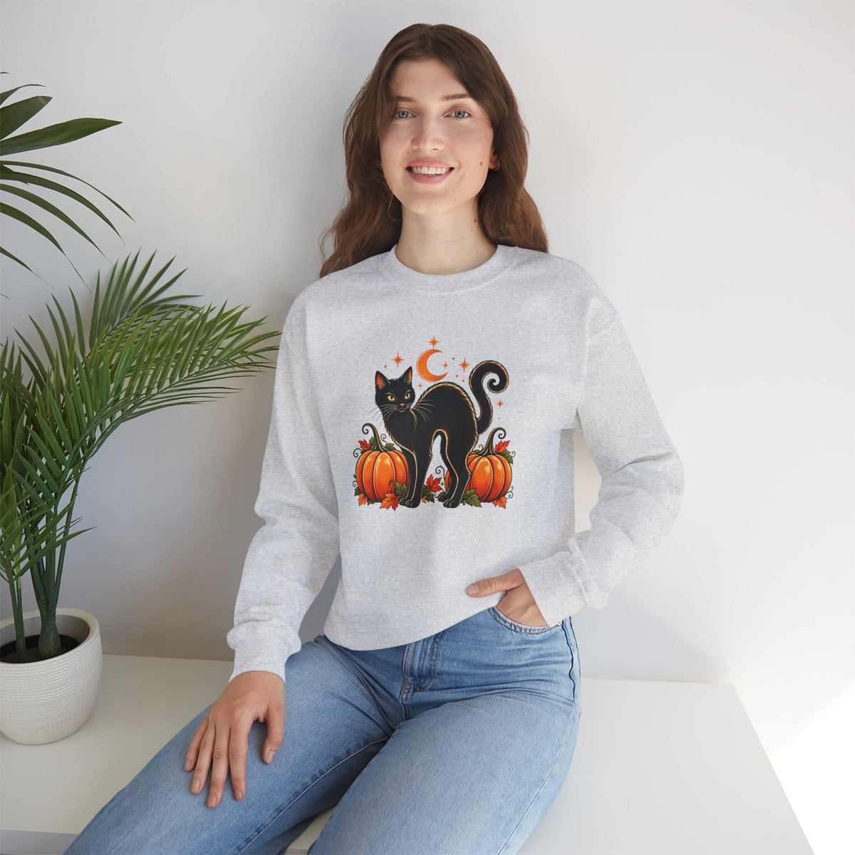 Halloween Black Cat & Pumpkins Sweatshirt, Vintage Autumn Crewneck - 14521