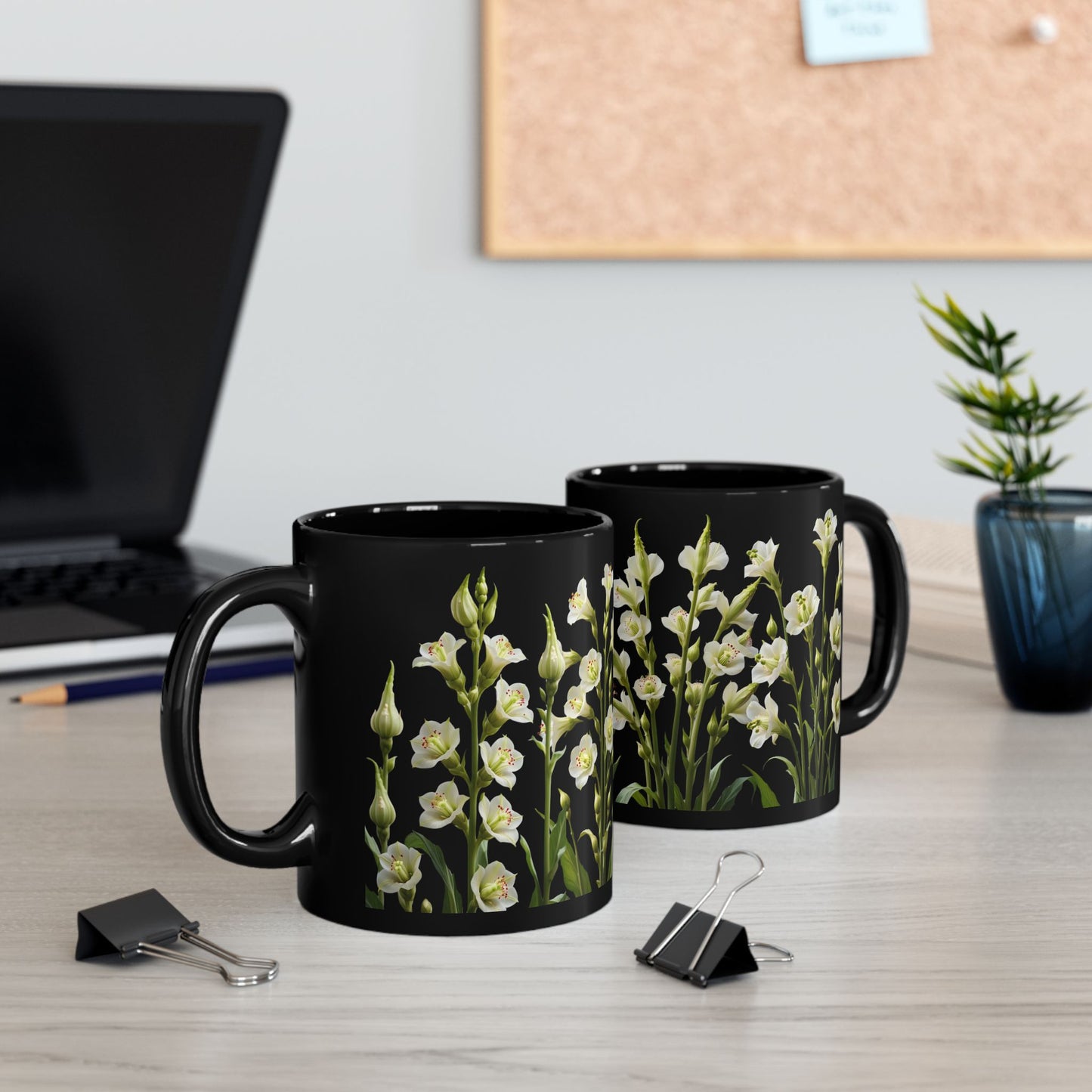 White Flowers - Black Mug (11oz, 15oz) - 10402