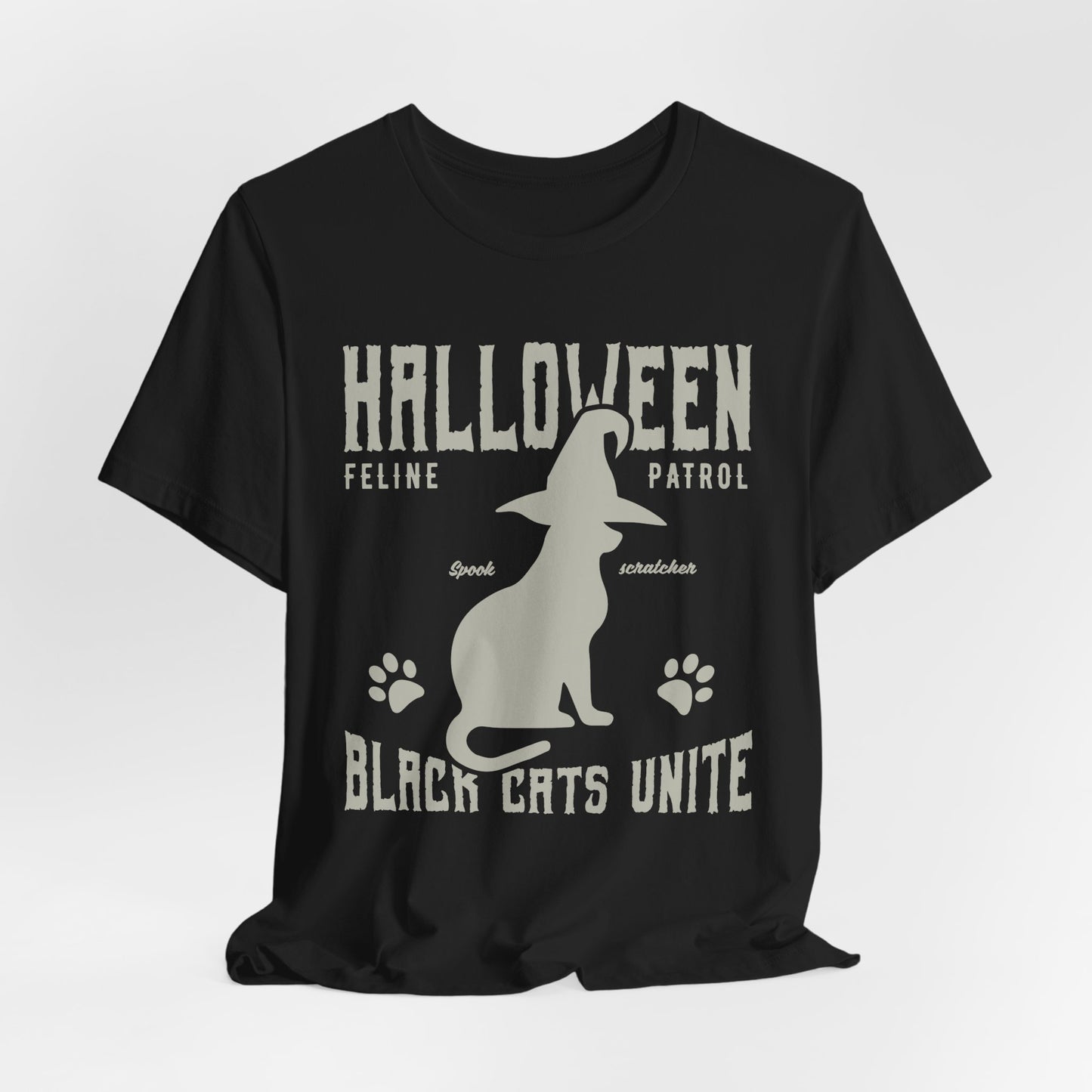 Halloween Feline Patrol, Spook Scratcher, Black Cats Unite  - Unisex Jersey Short Sleeve Tee - 12928