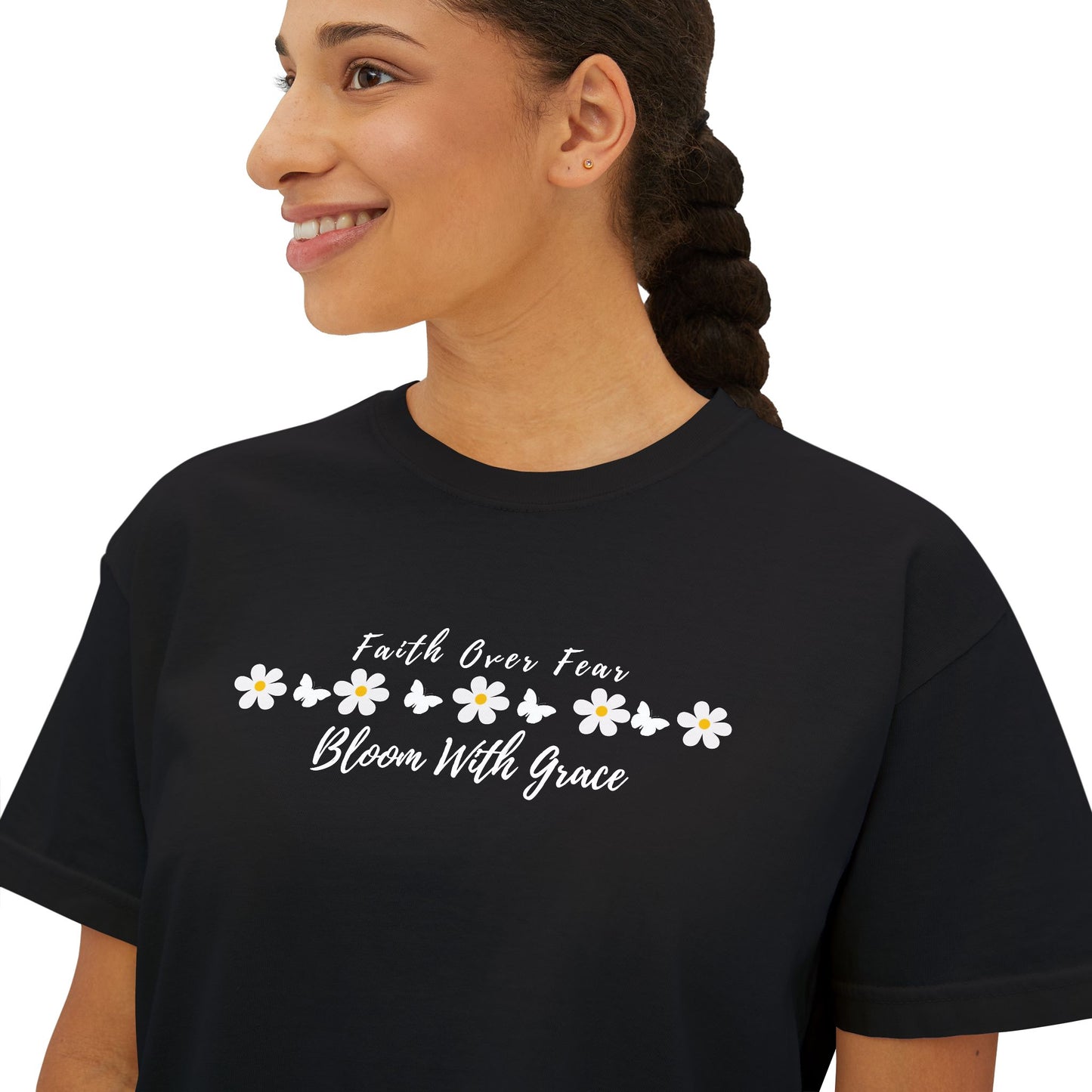 Faith Over Fear Floral Boxy Tee, “Bloom With Grace” Christian Crop Shirt - 14950