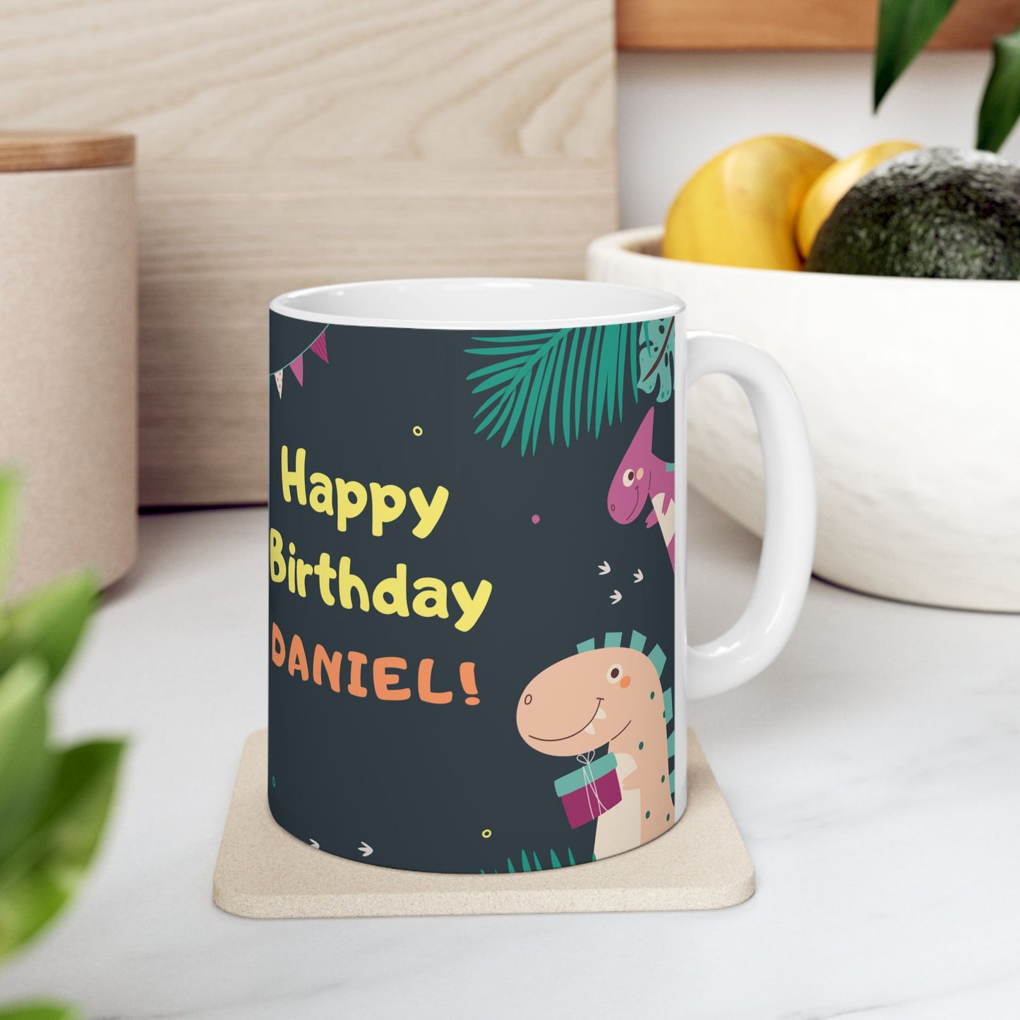 Happy Birthday, Dinosaur Lover, Photo & Name Customizable - Ceramic Mug, (11oz, 15oz) - 11238