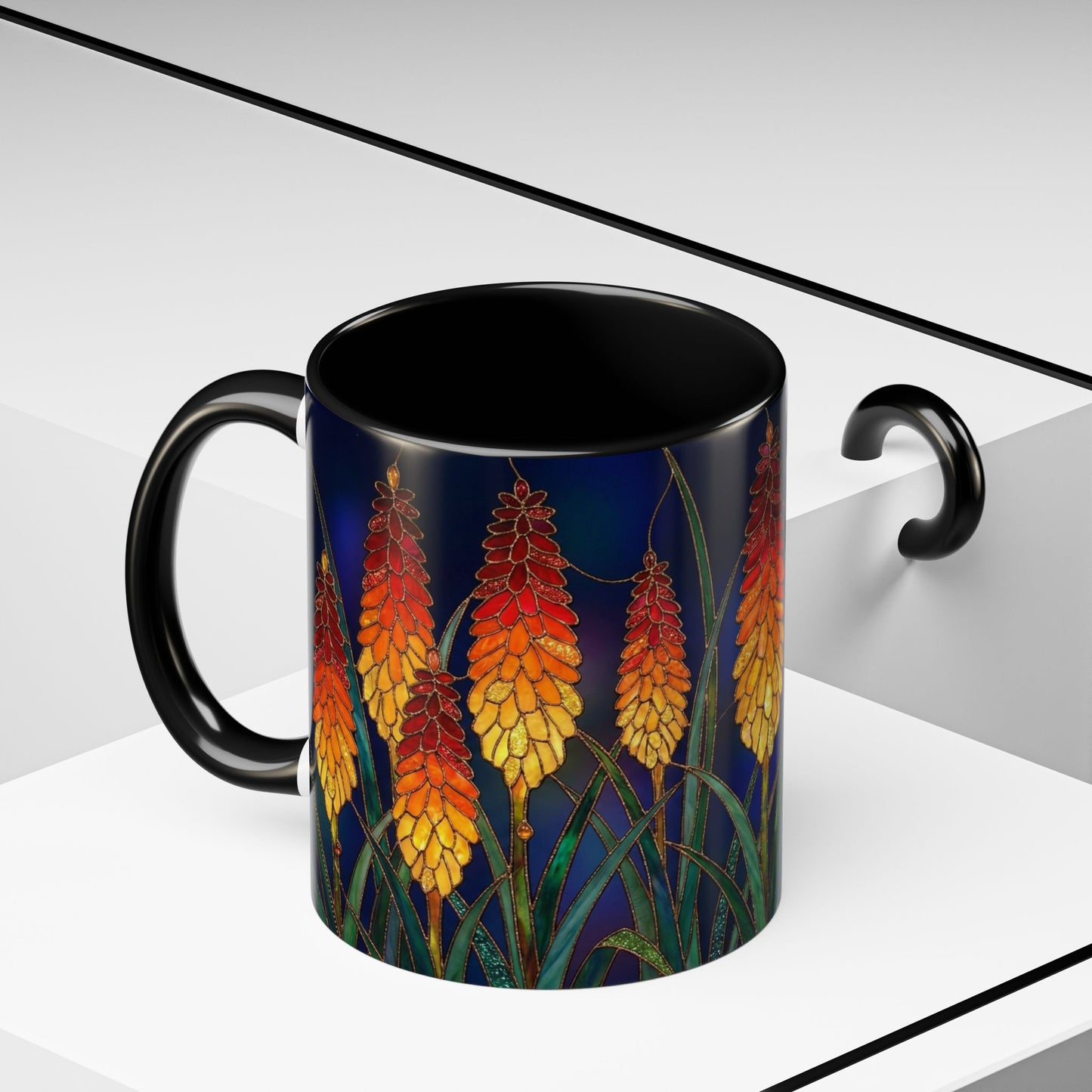 Red Hot Poker Floral Coffee Mug — Stained Glass Design (11/15oz) - 14585