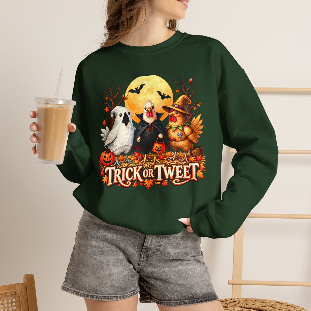 Trick or Tweet Halloween Sweatshirt, Cute Costume Chickens & Ghost Crewneck- 14512
