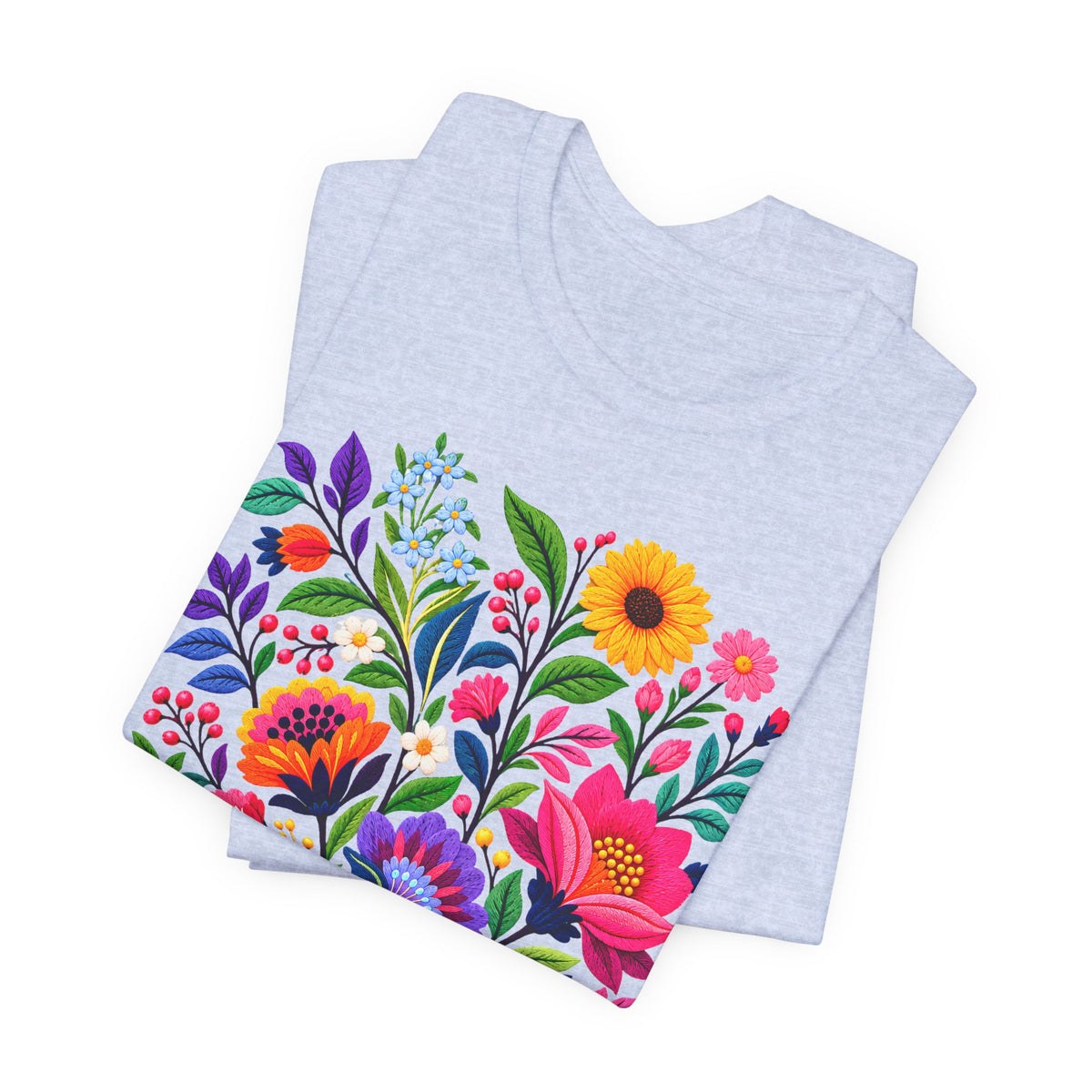 Bright Folk Art Floral T-Shirt, Colorful Flower Bouquet Tee - 14513