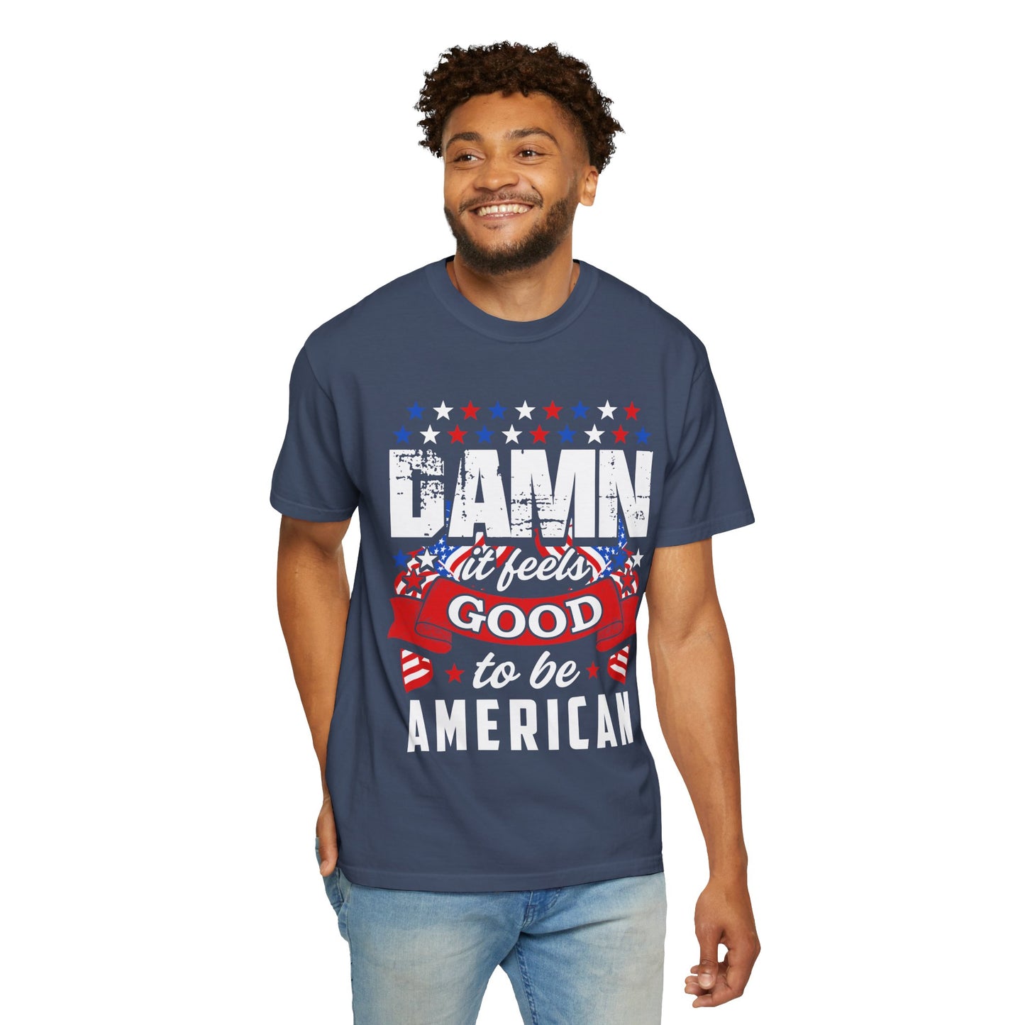 Patriotic T-Shirt with 'Damn it feels Good to be American' Design, Great for 4th of July, BBQs, and Casual Outings, Unisex Top - 13600