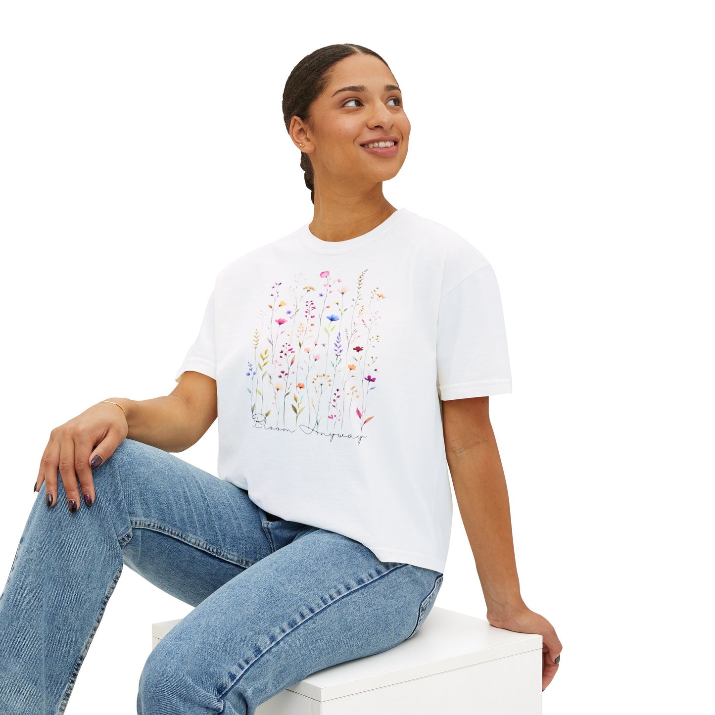 Bloom Anyway Wildflower Boxy Tee, Women’s Watercolor Floral T-Shirt - 14959