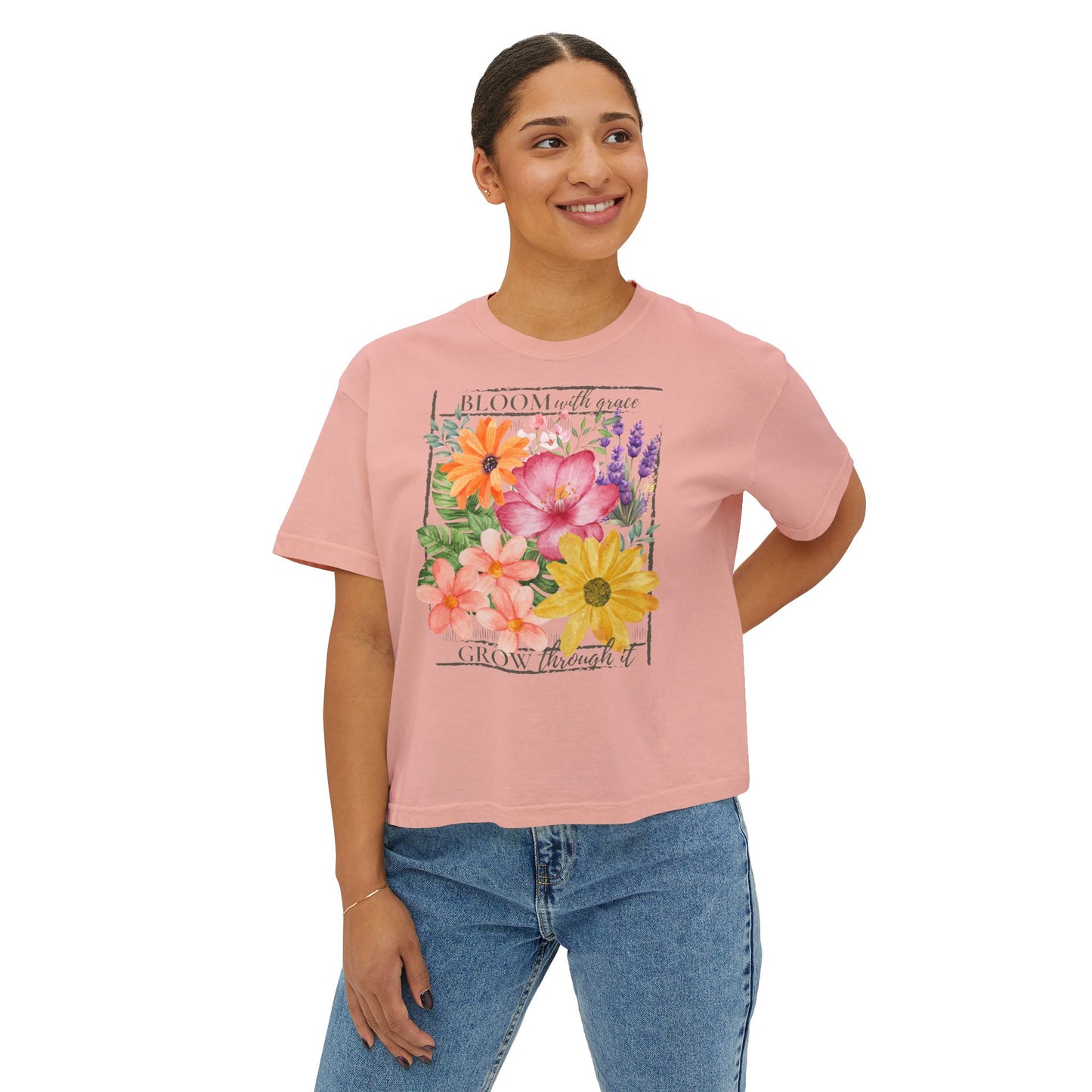 Bloom With Grace Floral Boxy Tee,  “Grow Through It” Inspirational Women’s T-Shirt - 14944