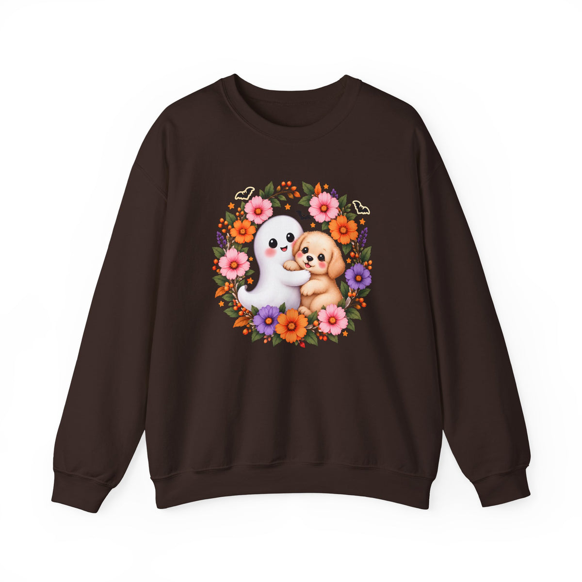Cute Ghost & Puppy Halloween Sweatshirt,  Floral Crewneck - 14515